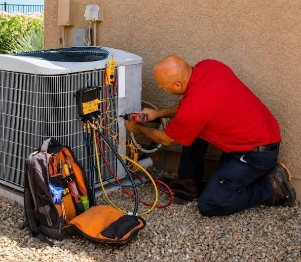 Technician using tools and refrigerant gauges beside an outdoor air conditioner