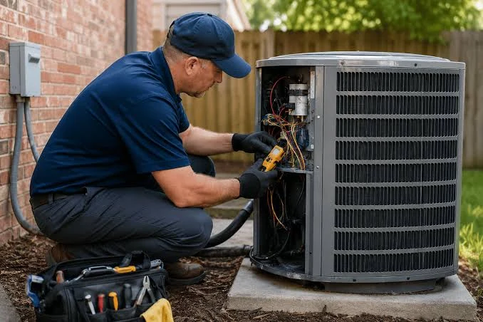 Technician in a navy uniform checking an outdoor air conditioner with a diagnostic meter